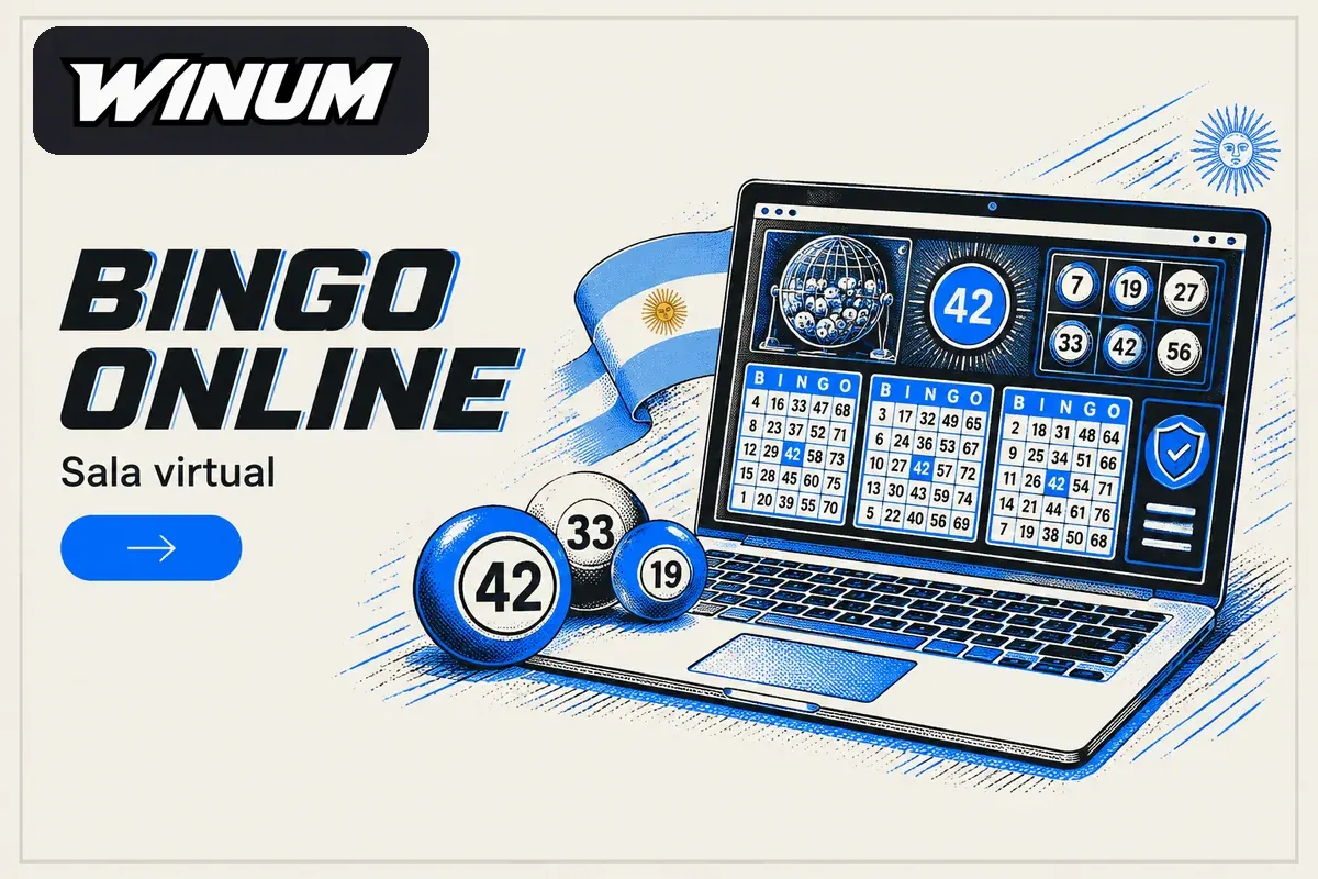 Laptop muestra sala virtual con cartones de bingo
